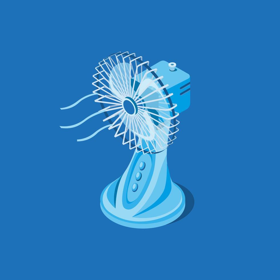 Ventilador de escritorio eléctrico en vector de ilustración isométrica aislado en fondo azul