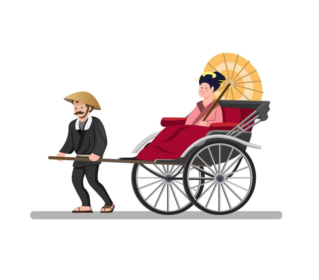 transporte de taxi tradicional jinrikisha de japón, kimono de uso de pasajero de transporte humano con motor vintage o turista en vector de ilustración plana de dibujos animados aislado en fondo blanco