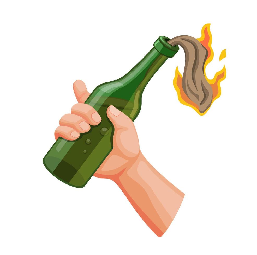 Hand holding Molotov Cocktail, handmade bomb from bottle glass in flame fire, anarchy demonstrator symbol in cartoon realistic illustration vector isolated in white background