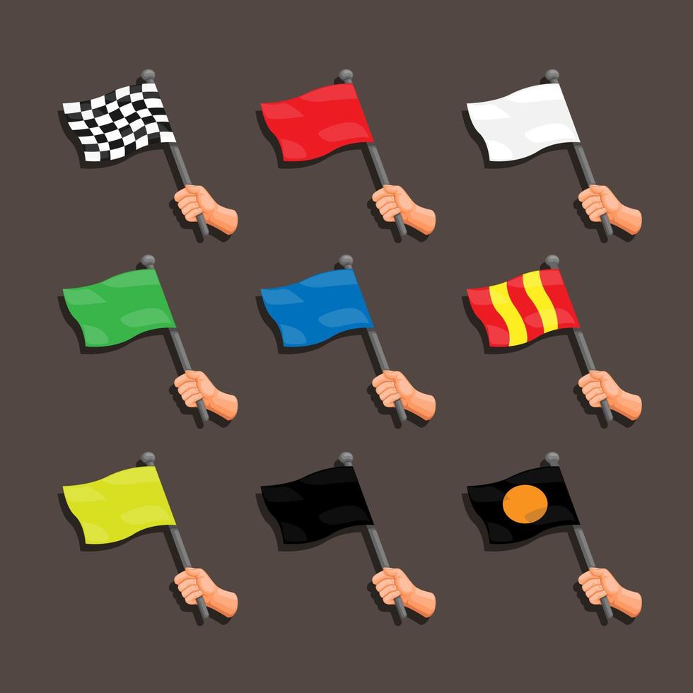 Racing flag with hand, marshall instruction symbol set cartoon illustration vector