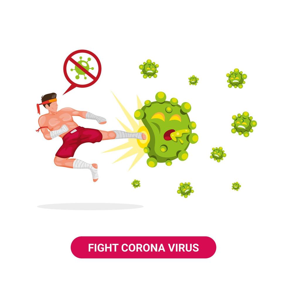 luchador muay thai patada voladora virus corona malvado. Espíritu para detener y destruir las bacterias del virus con el arte marcial tradicional de Tailandia en un vector de ilustración plana de dibujos animados aislado en fondo blanco