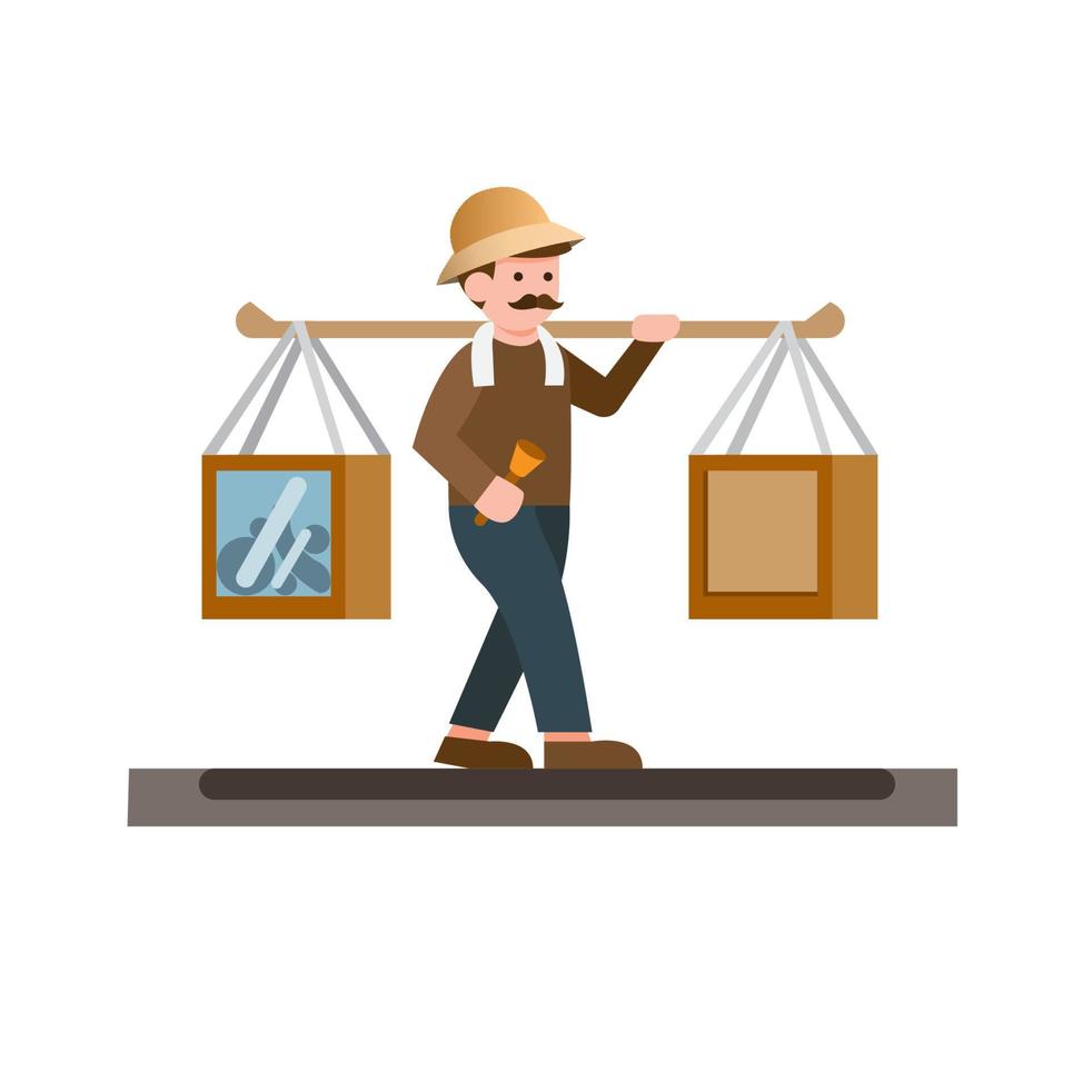 hombre vendiendo comida tradicional, trabajo, profesión llevar, carro, fruta, personaje de icono de vector plano