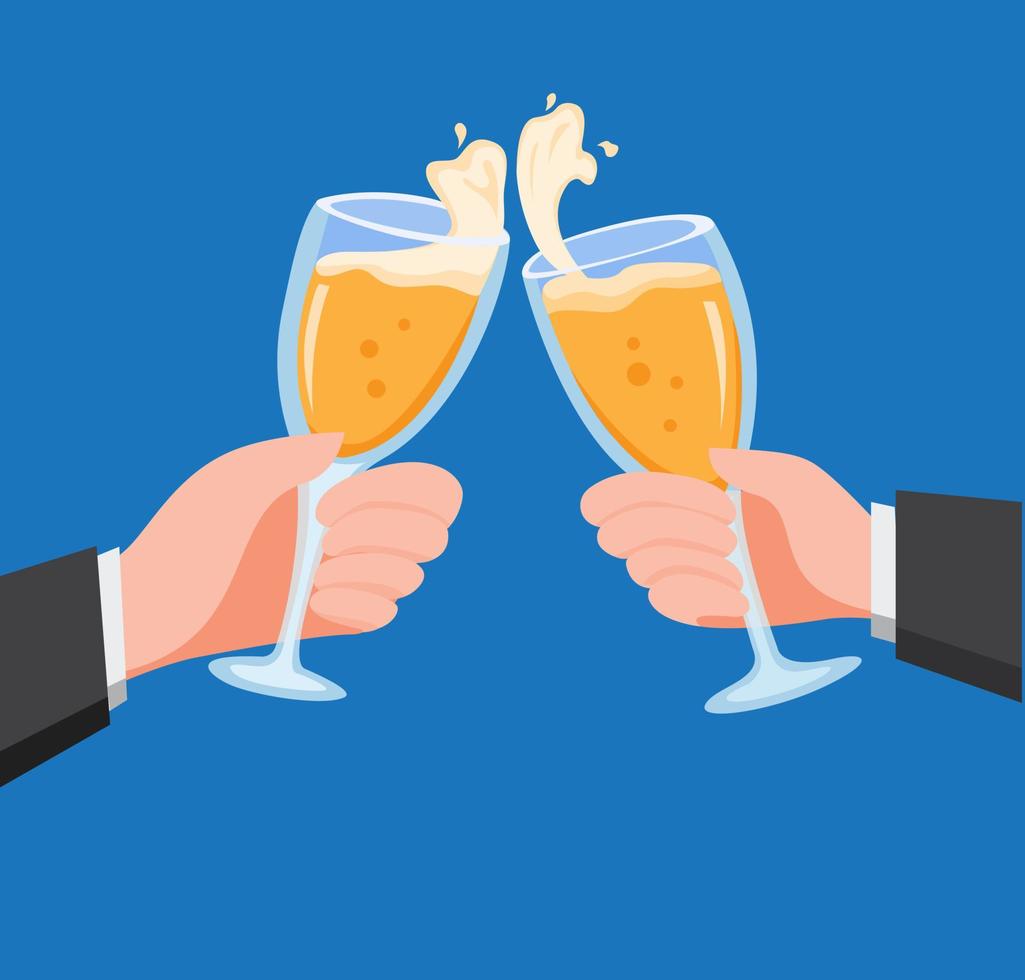 hands with champagne in wineglasses in flat style business man wrists holding glasses of golden fizzy alcohol drink and clinking vector illustration isolated on white background.