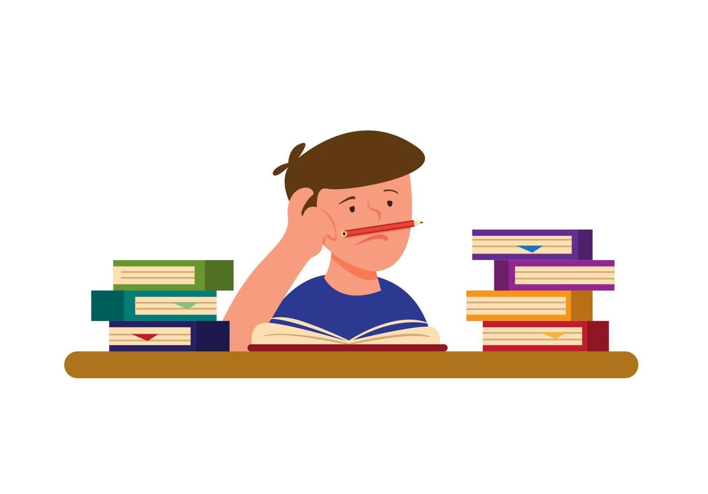 boy are bored and tired of reading book to learning, student reading and writing with stack of books cartoon flat illustration vector