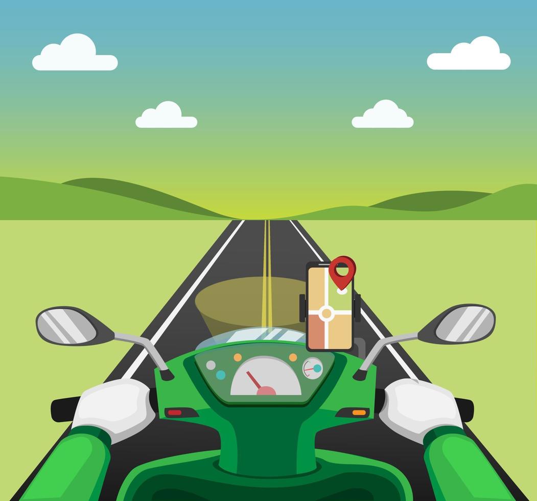 montando motocicleta con teléfono inteligente con mapa gps en el tablero desde la vista pov. servicio de entrega de mensajería concepto de jinete de transporte en línea en vector de ilustración de dibujos animados