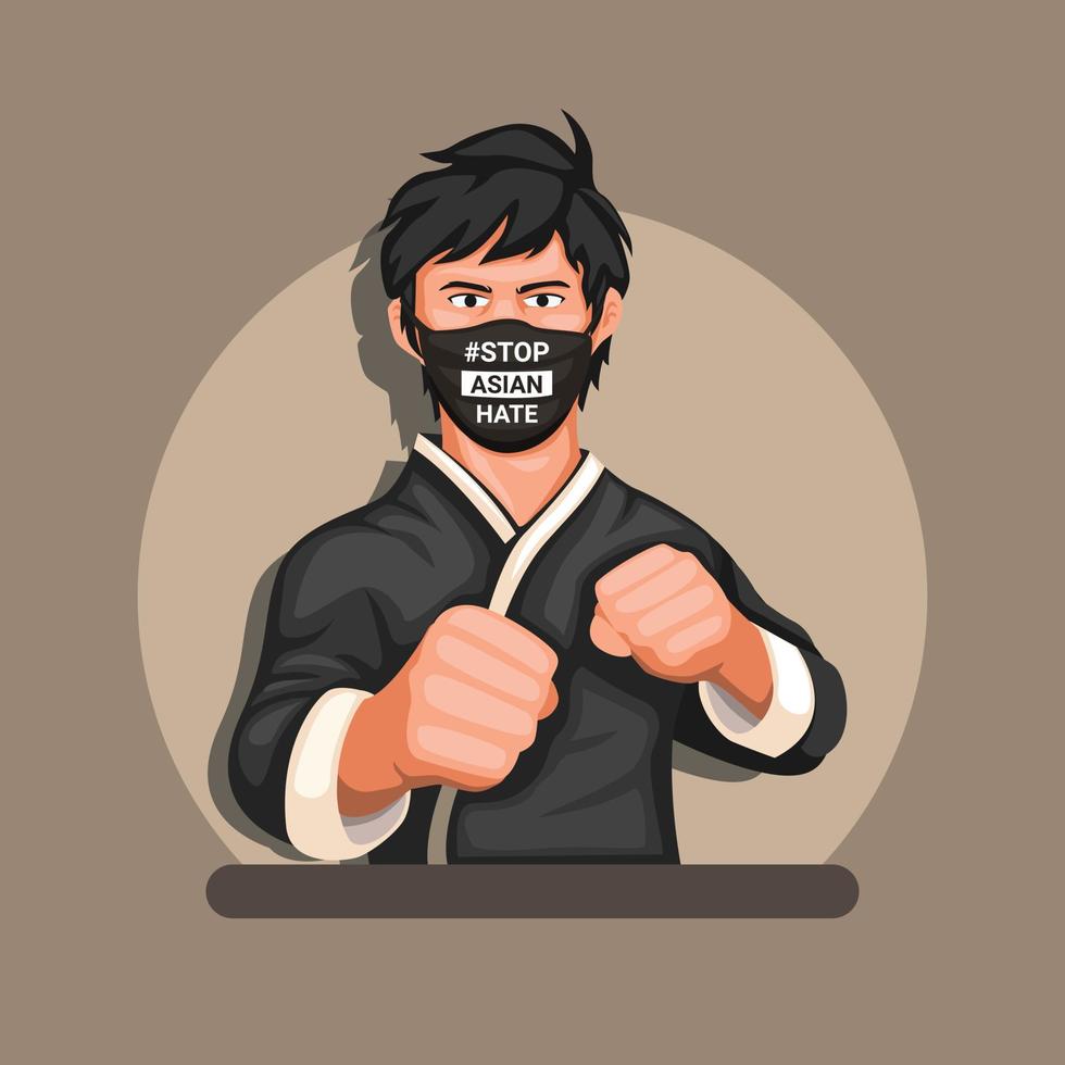 Atleta de artes marciales con máscara con símbolo de parada de odio asiático. avatar de personaje en vector de ilustración de dibujos animados