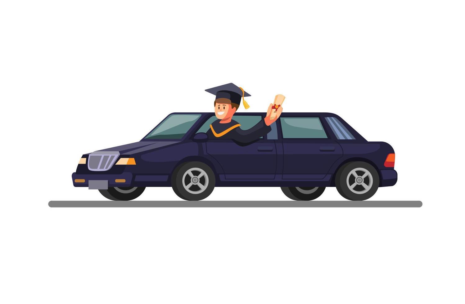 young graduate wear gown and riding limousine car. graduation academy celebration with car concept in cartoon illustration vector