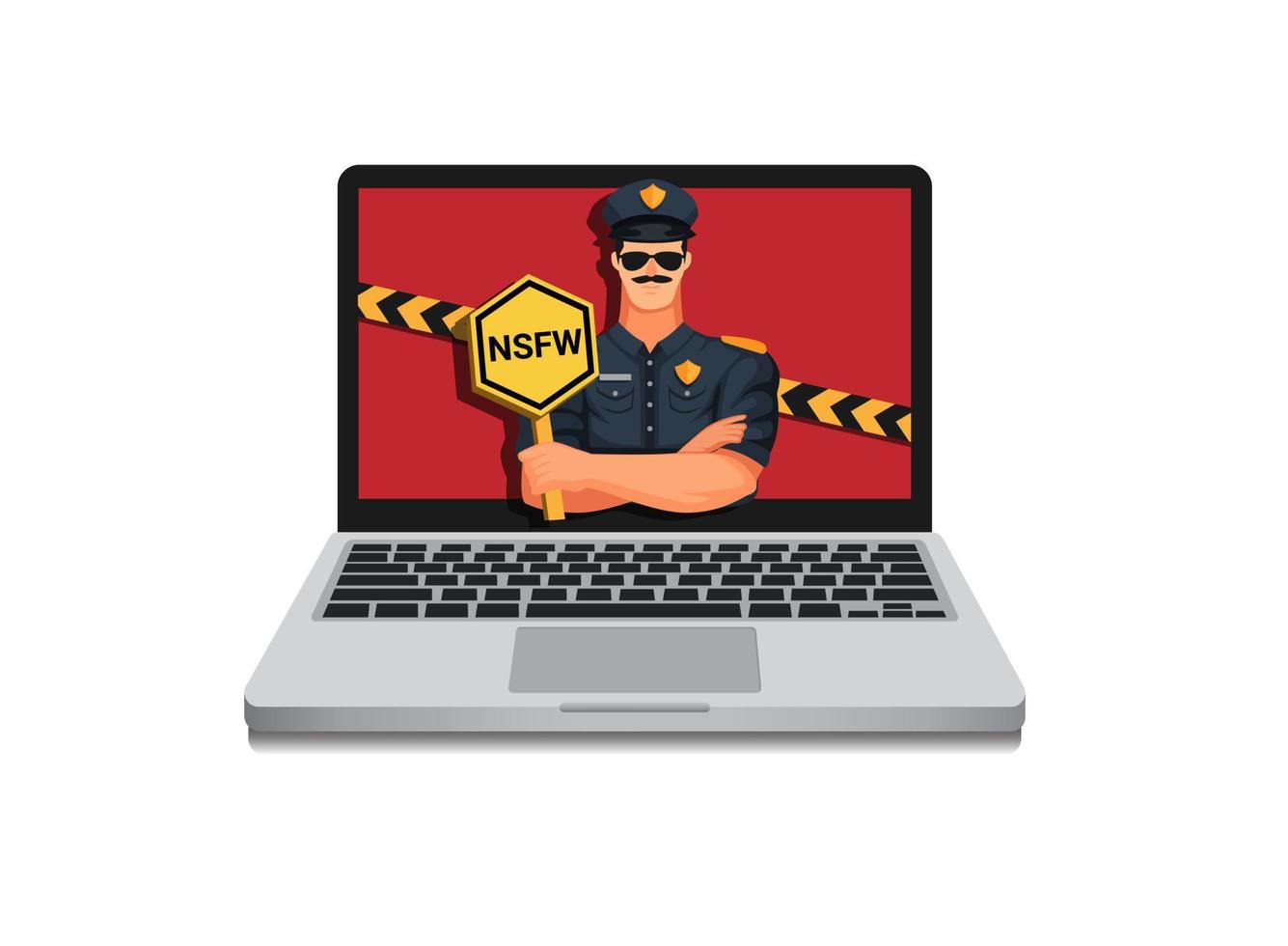 Police holding NSFW sign. website acces blocked security symbol concept in cartoon illustration vector on white background