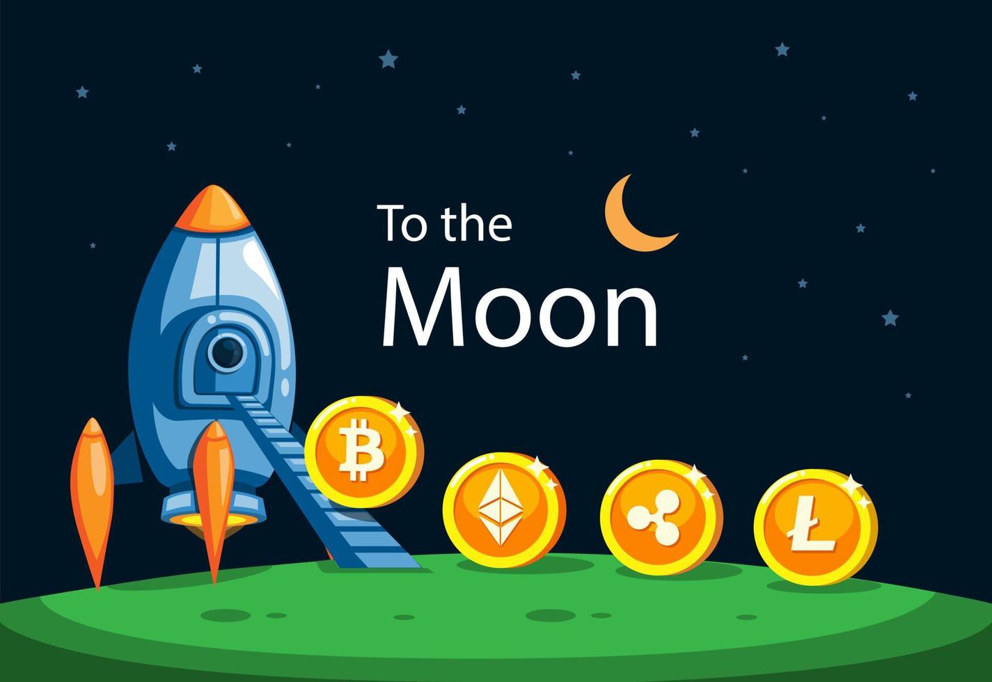 a la luna, moneda criptográfica con cohete. vector de ilustración de crecimiento de mercado de criptomonedas