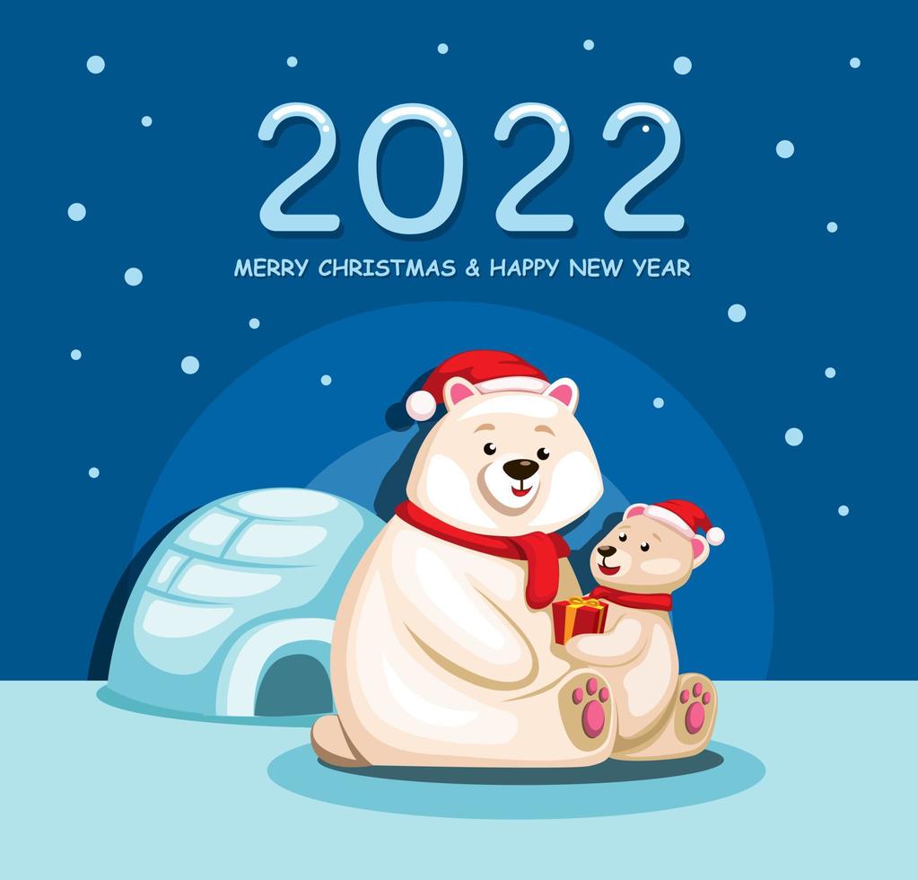 2022 christmas and happy new year celebration with polar bear family cartoon illustration vector