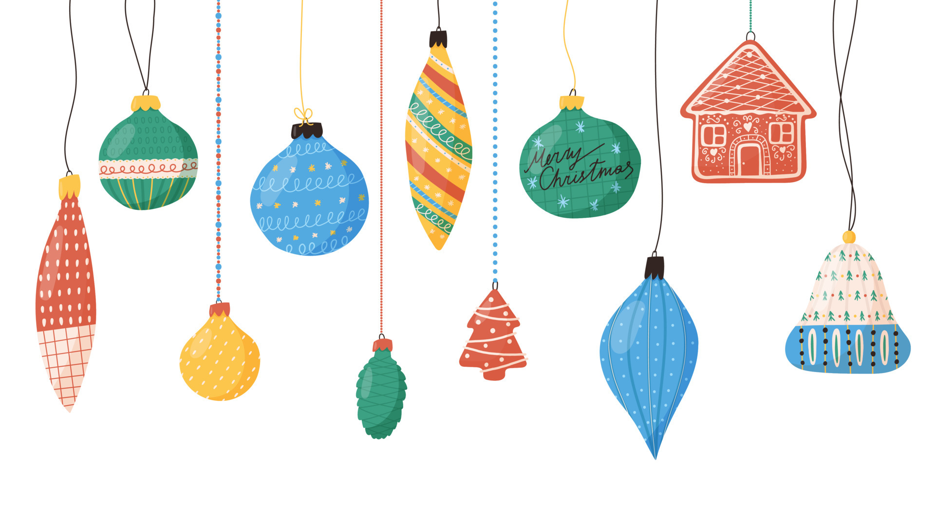 Christmas tree decoration hanging on string, flat vector ...