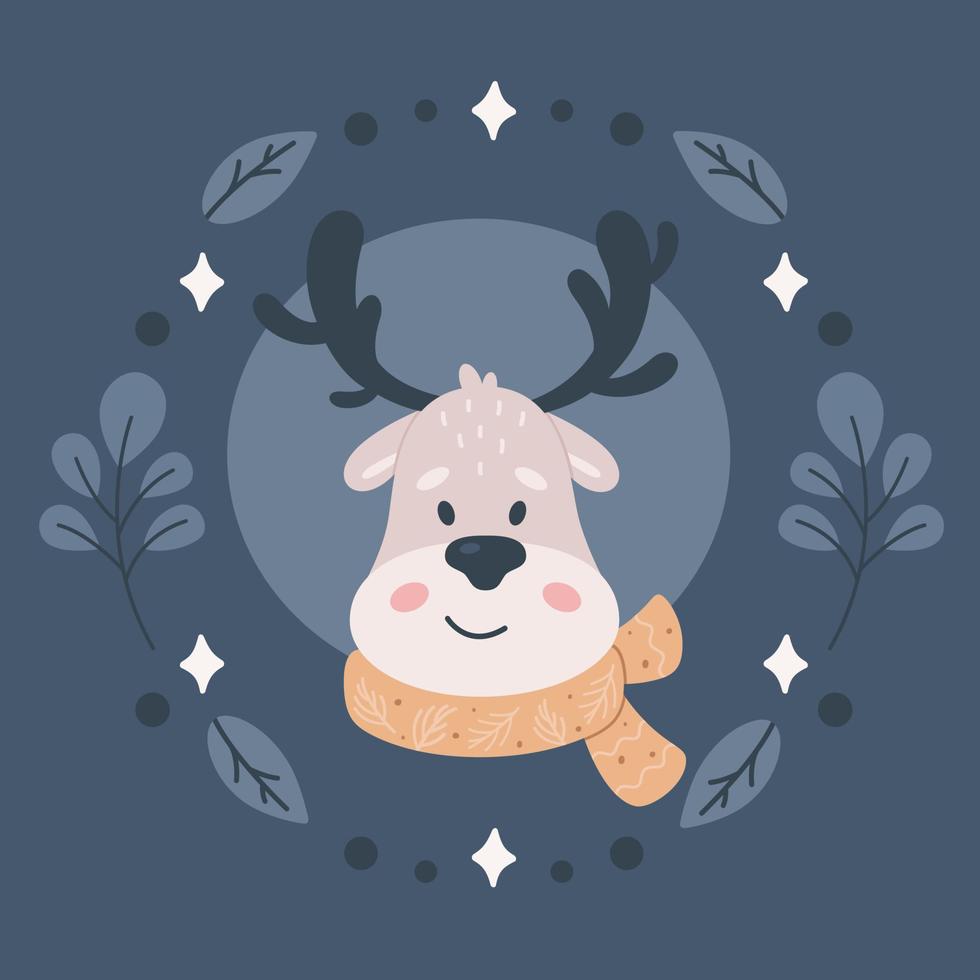 Cute reindeer character with scarf. Christmas animals, winter time vector