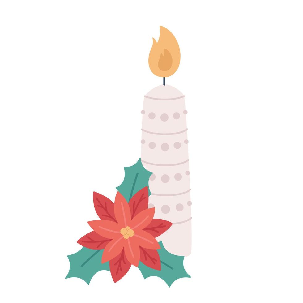 Christmas candle with poinsettia. Christmas and New Year element vector