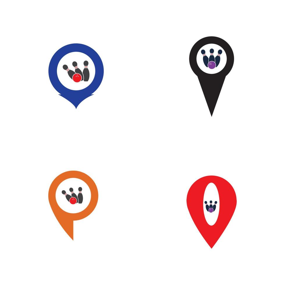 logotipo, iconos y símbolo del concepto del punto del mapa de bolos. Ilustración de vector de bola y pin de bolos.