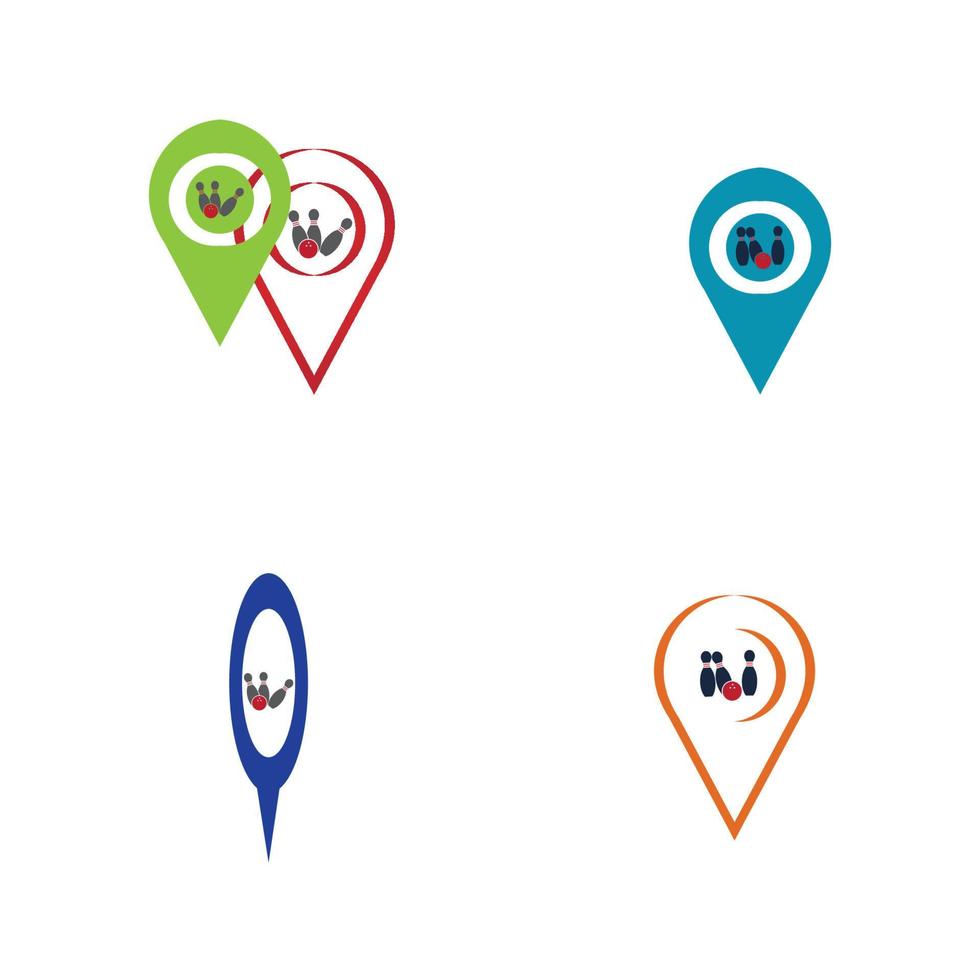 logotipo, iconos y símbolo del concepto del punto del mapa de bolos. Ilustración de vector de bola y pin de bolos.