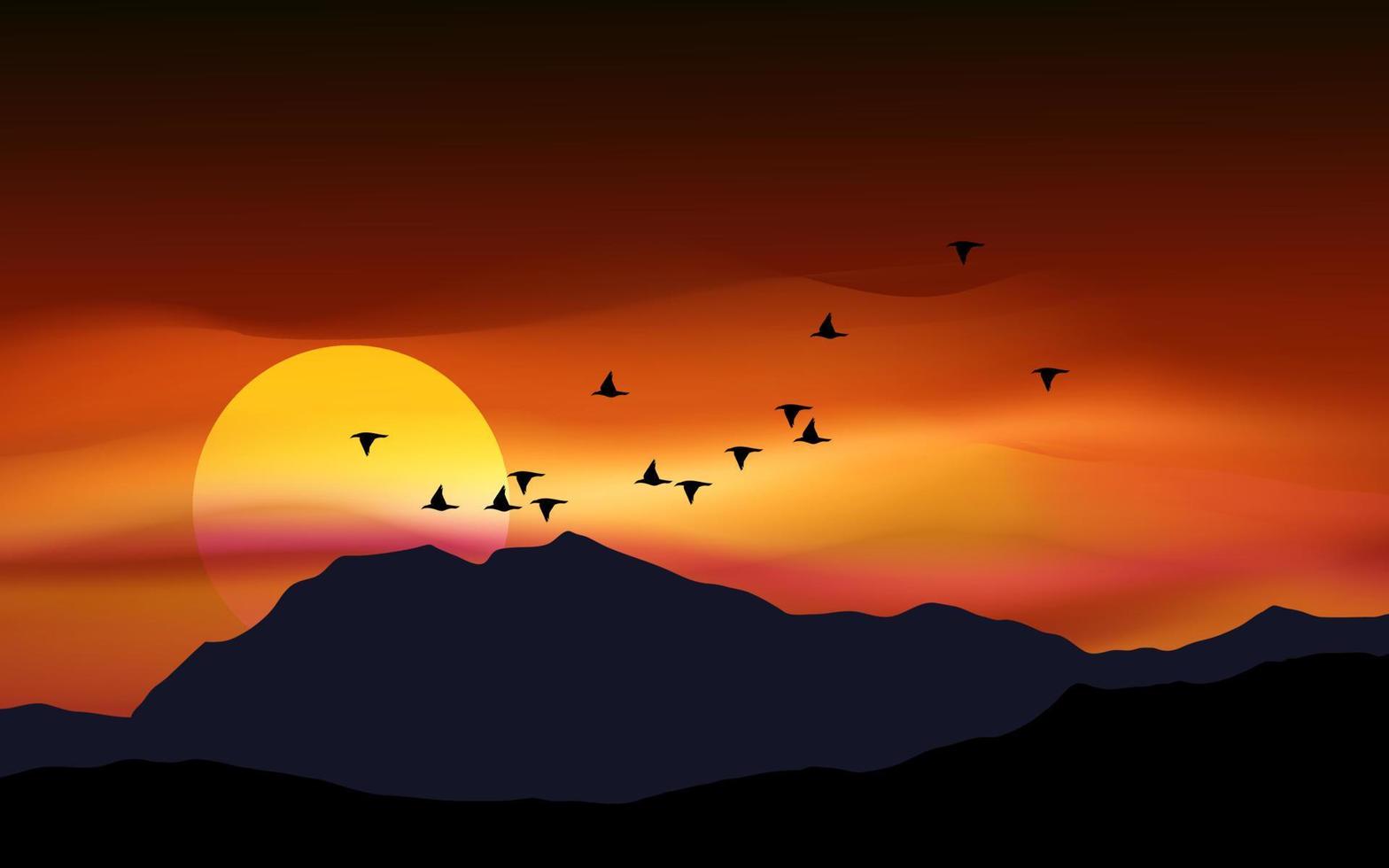 puesta de sol en la montaña y la colina. puesta de sol sobre la montaña con pájaros vector