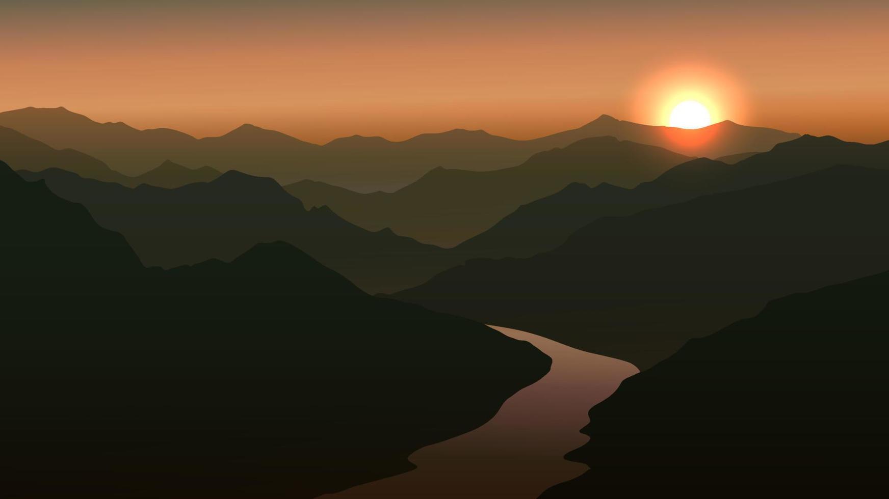 paisaje con montaña, valle y río al atardecer o al amanecer vector