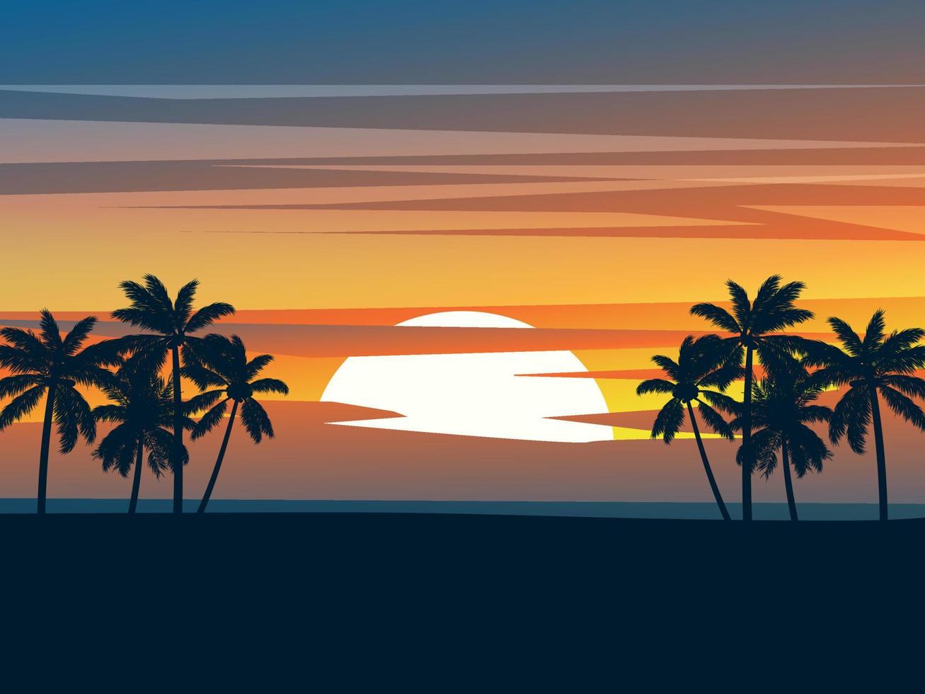 playa al atardecer con palmeras en silueta vector