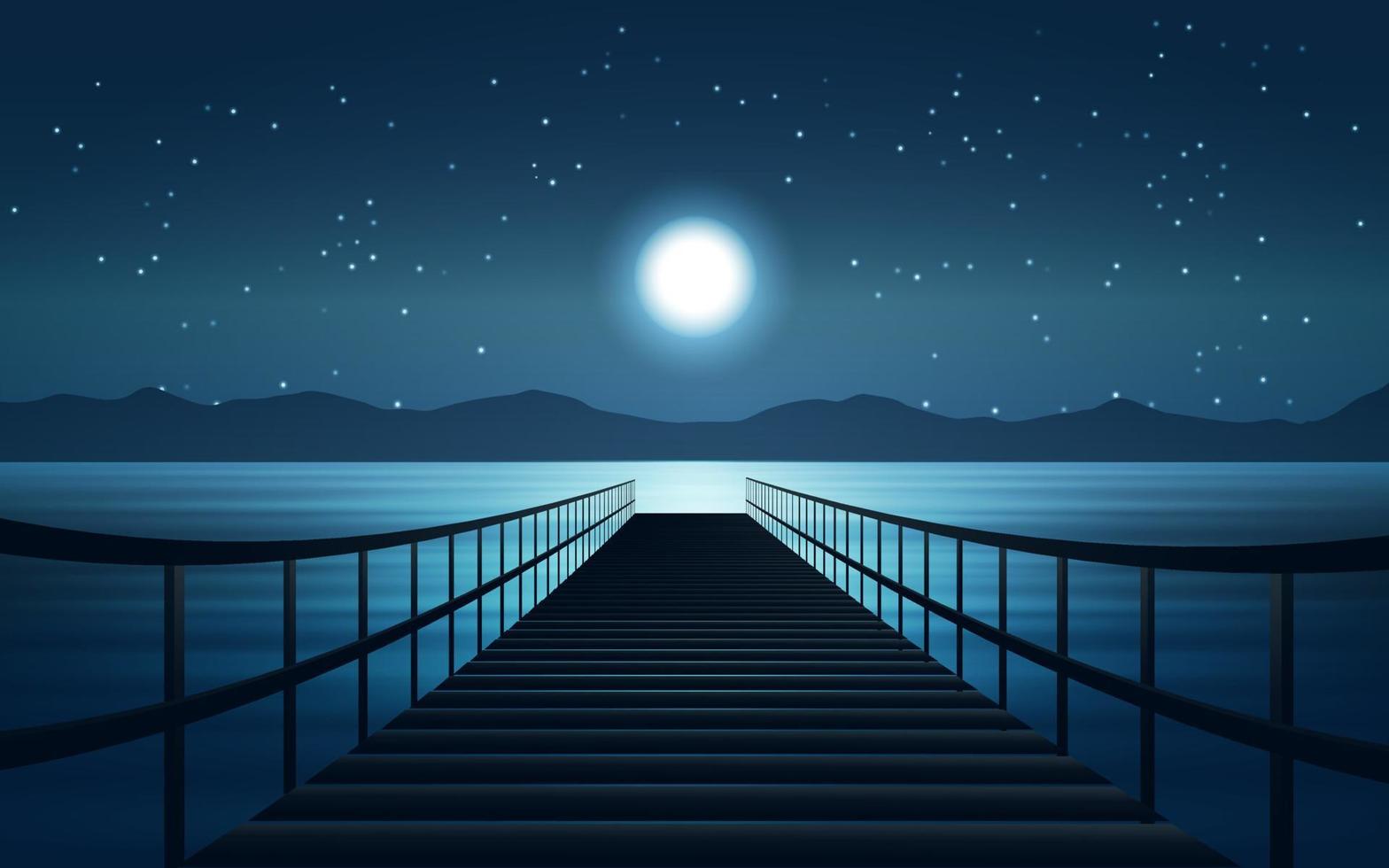 noche en el lago con muelle y luz de luna. vector