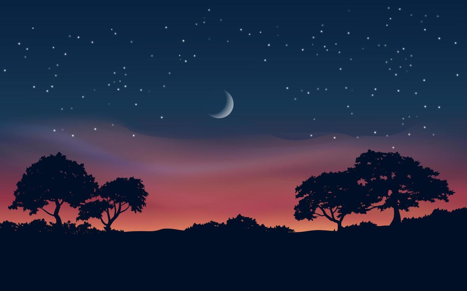 Night sky over forest. Tree silhouette landscape and crescent moon vector