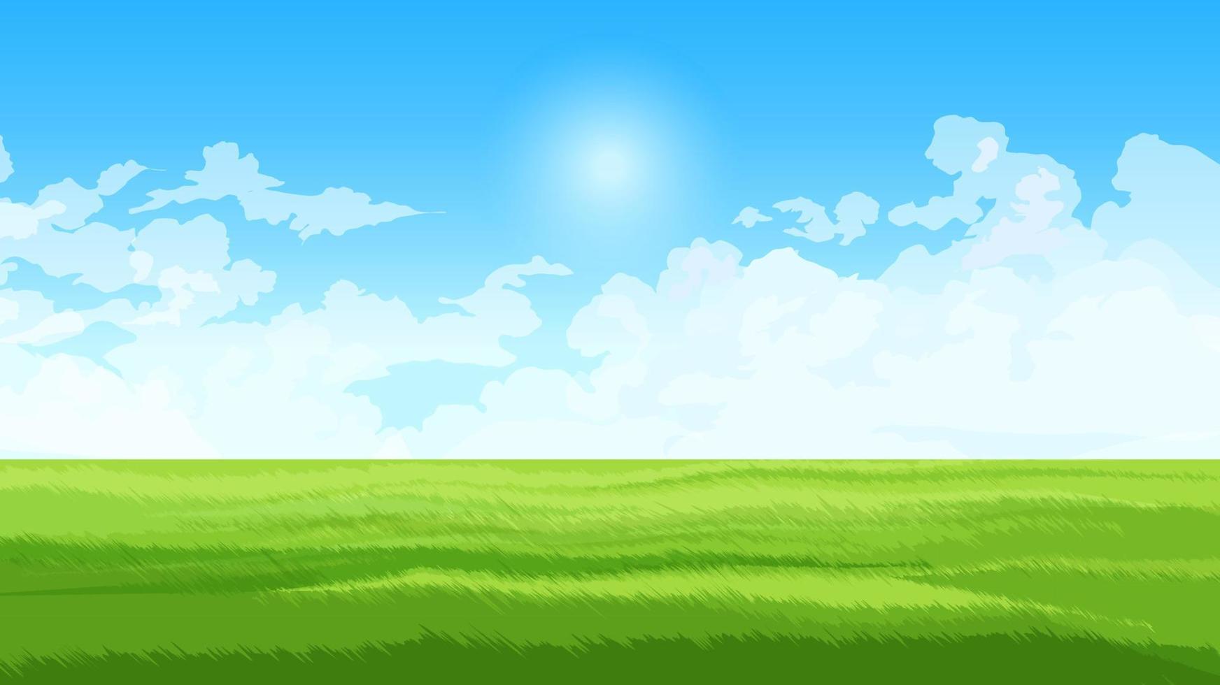 Field on sunny day with sun and clouds, empty green meadow vector