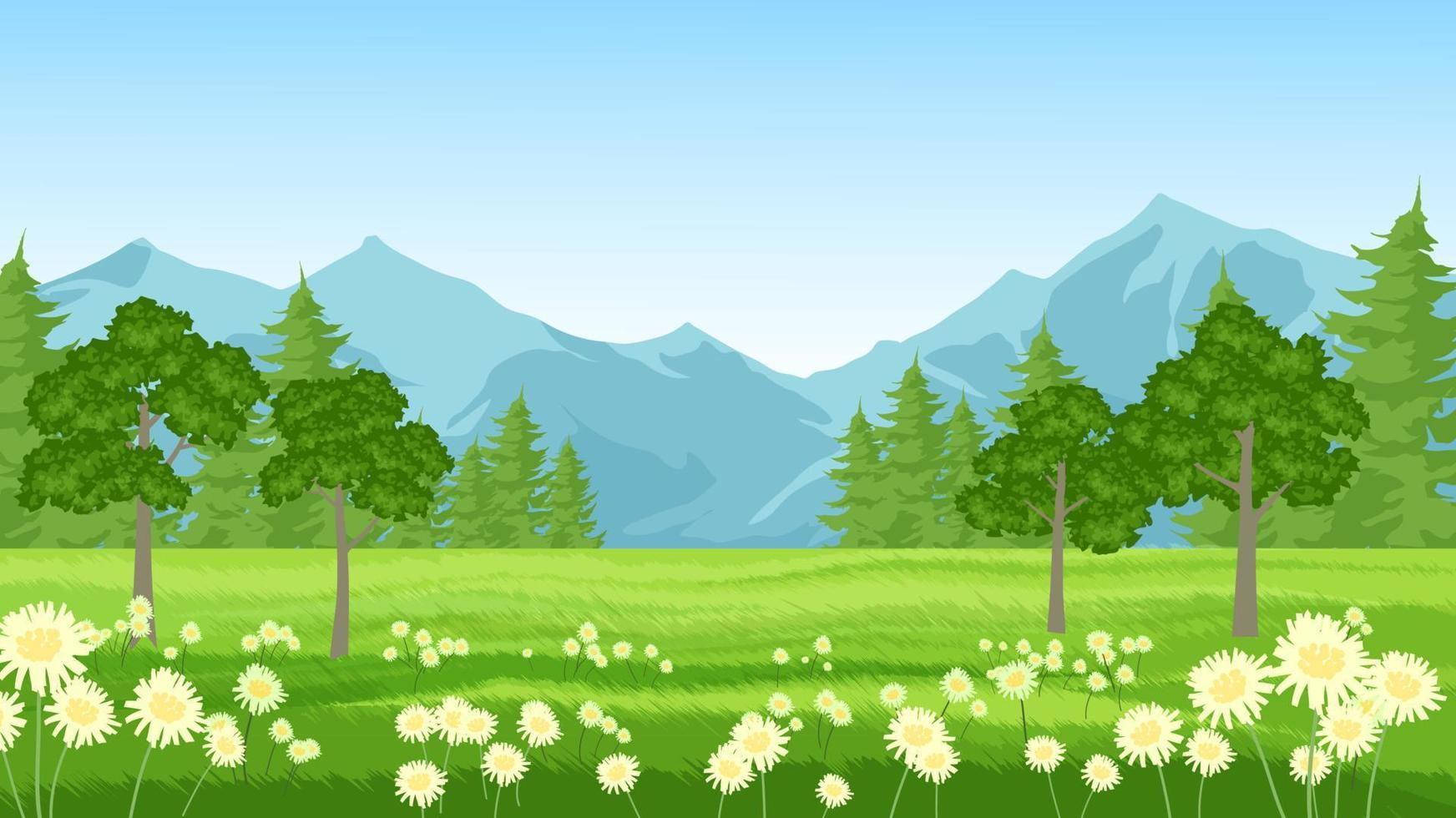 paisaje en el campo con montañas, árboles, prados y flores vector