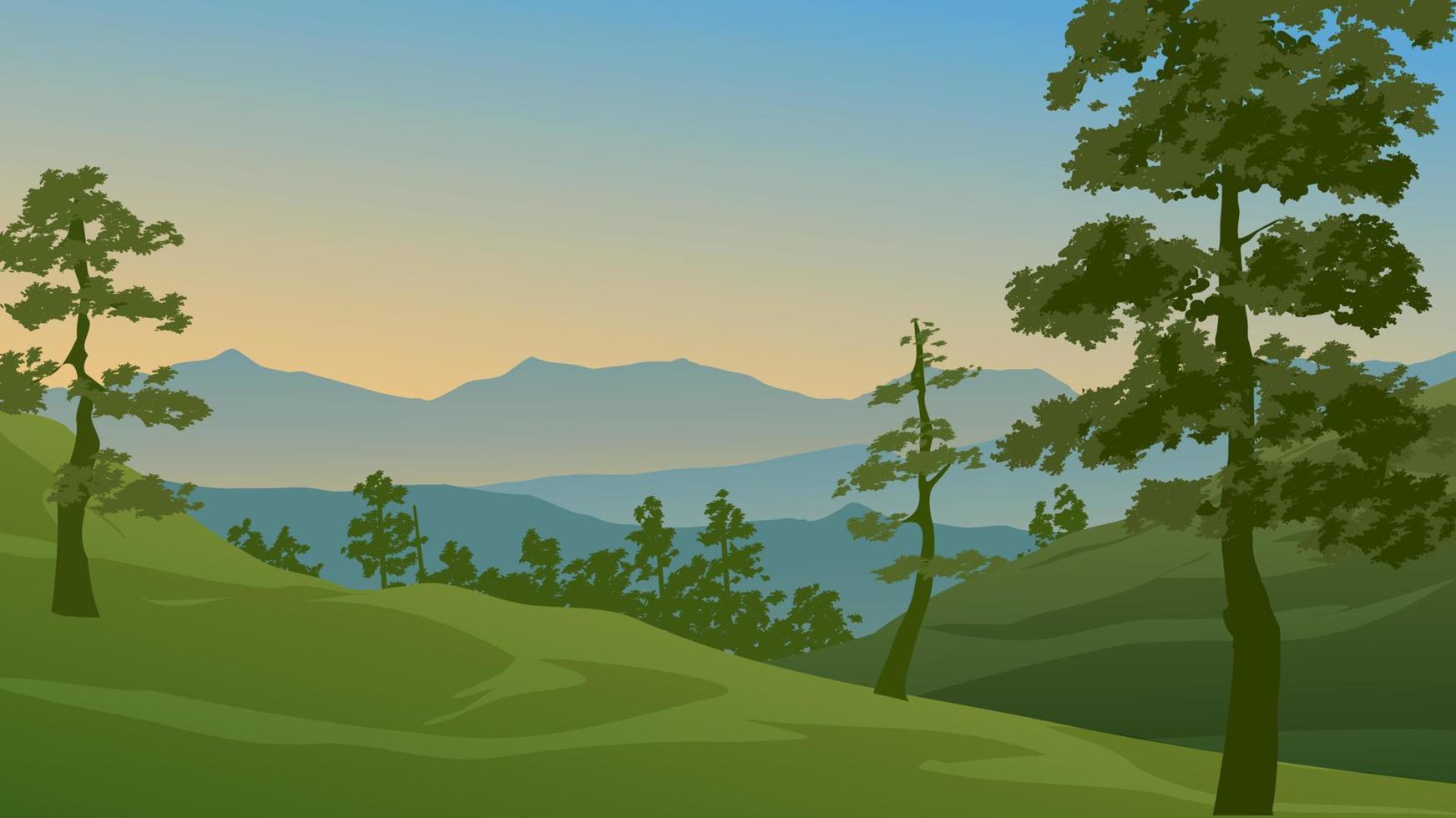 bosque de montaña atardecer o amanecer paisaje vector