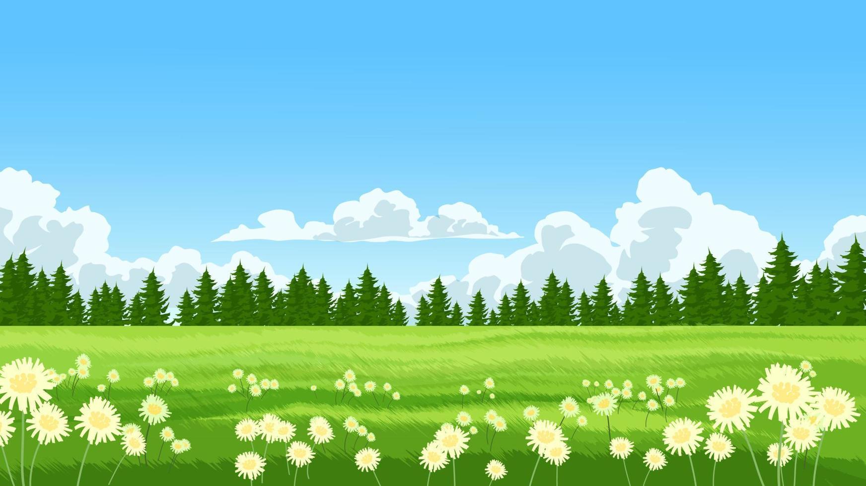 Beautiful sunny day landscape of meadow with flowers, trees and clouds vector