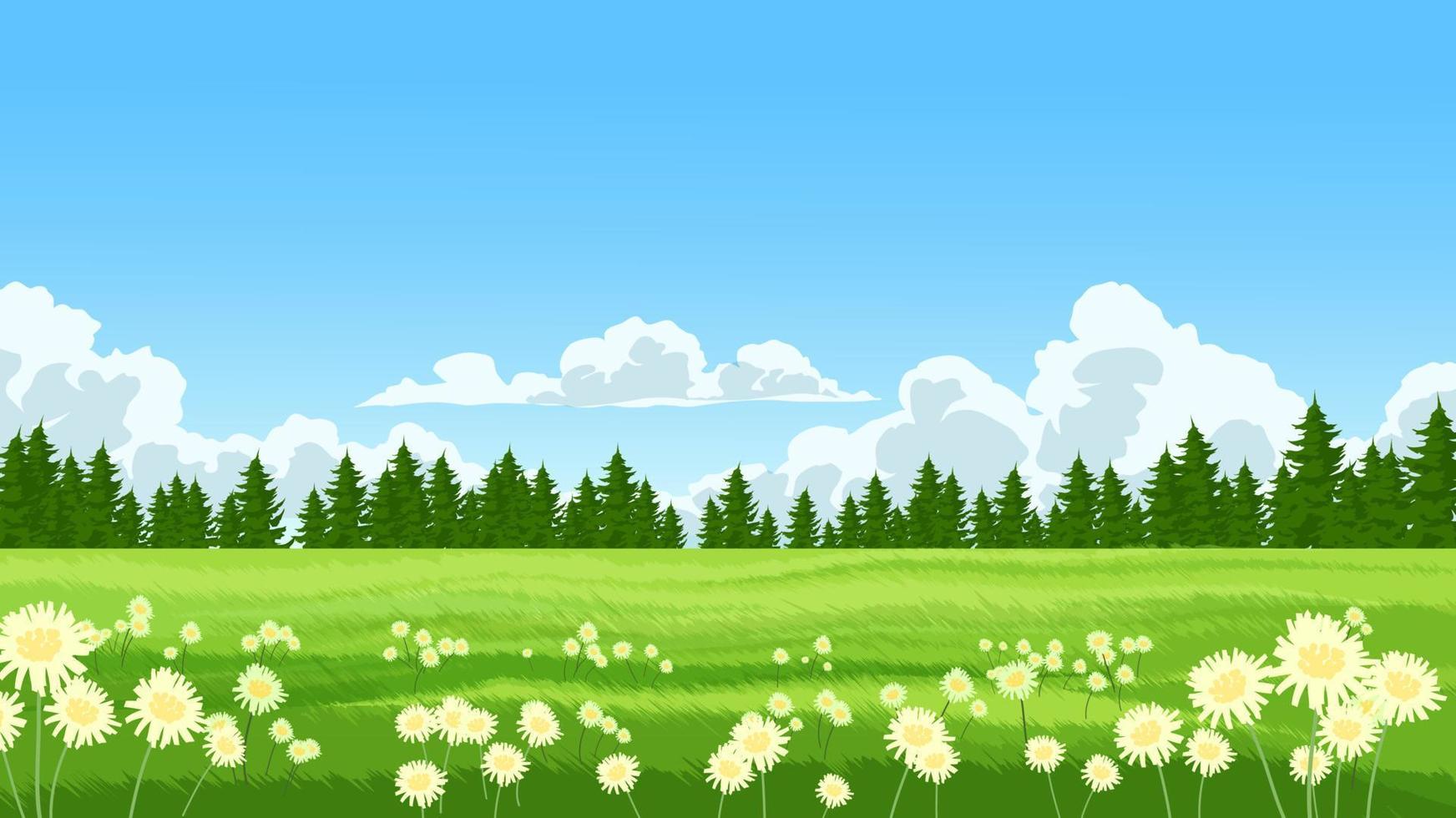 Hermoso día soleado paisaje de pradera con flores, árboles y nubes vector