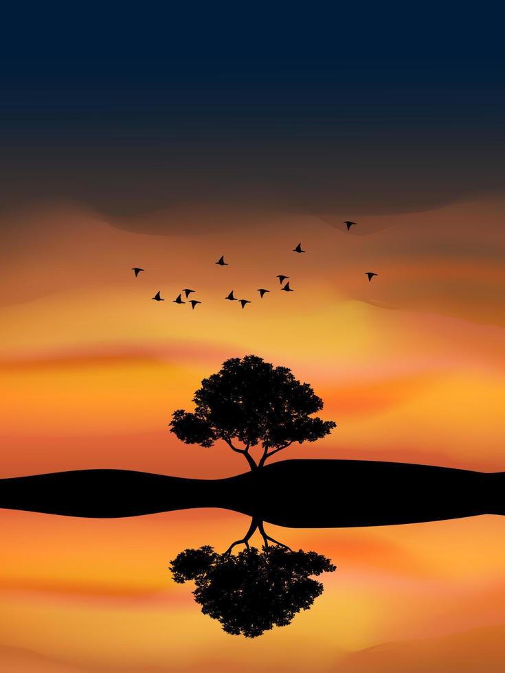 Dramatic sunset illustration with tree, lake, and birds vector