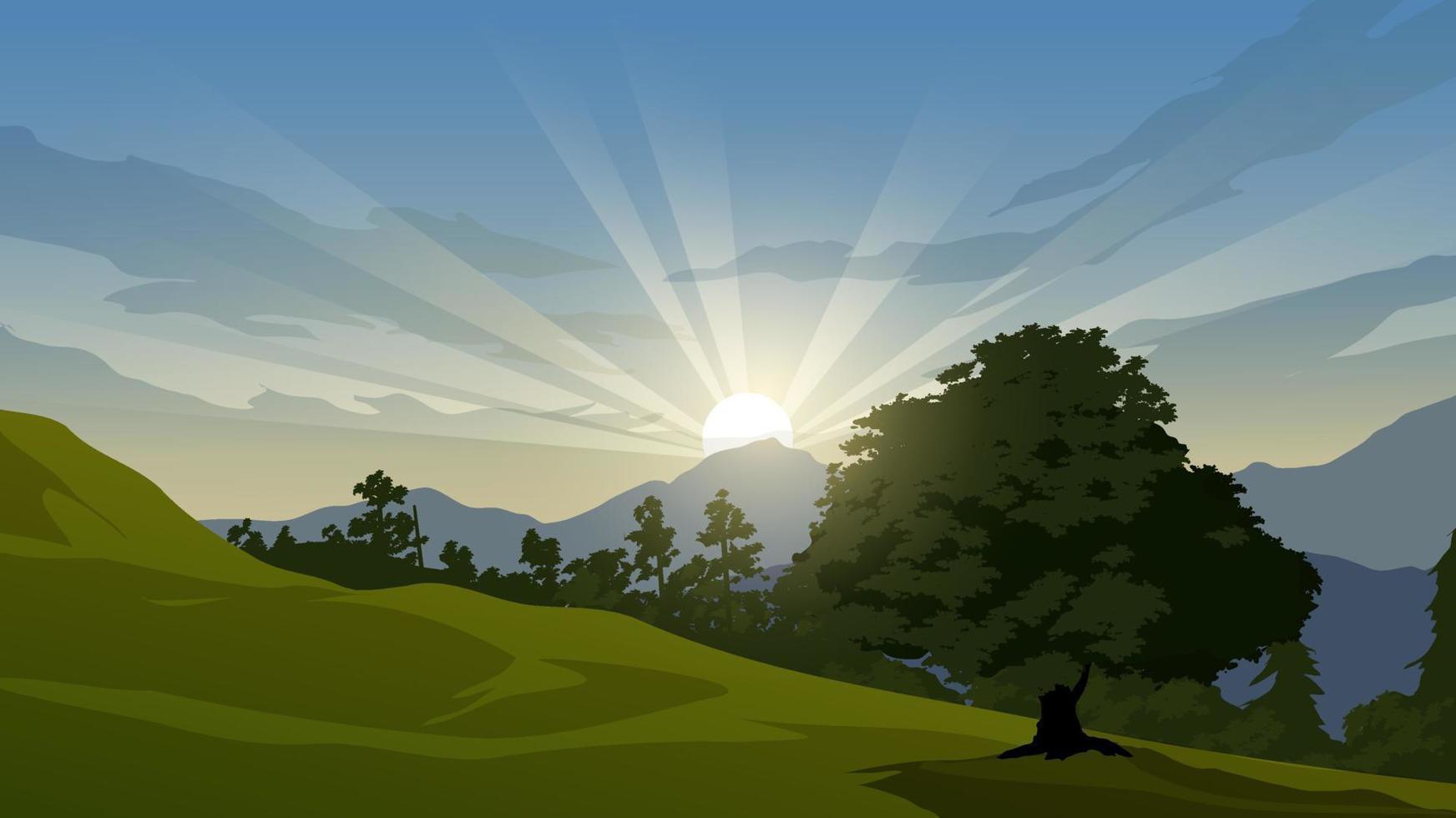 Forest meadow landscape at sunrise vector