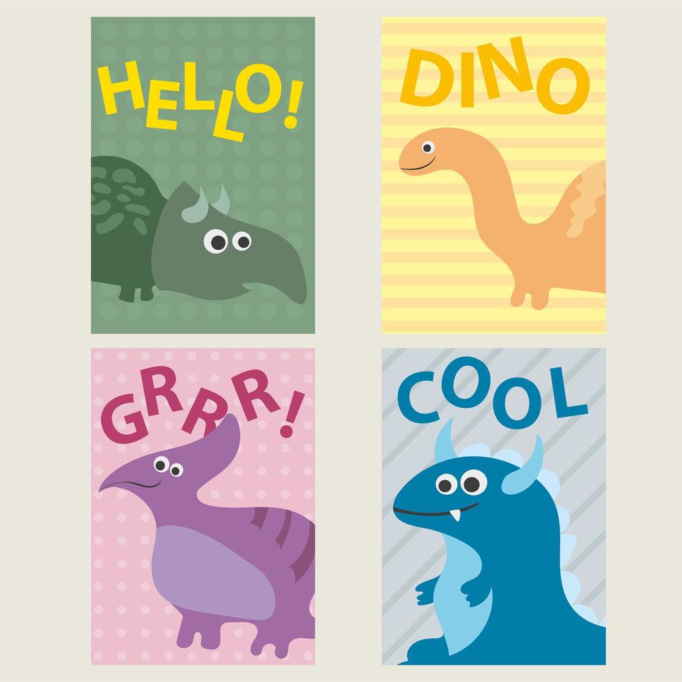 juego de 4 plantillas de tarjetas con dinosaurios para cumpleaños, invitaciones, scrapbooking vector