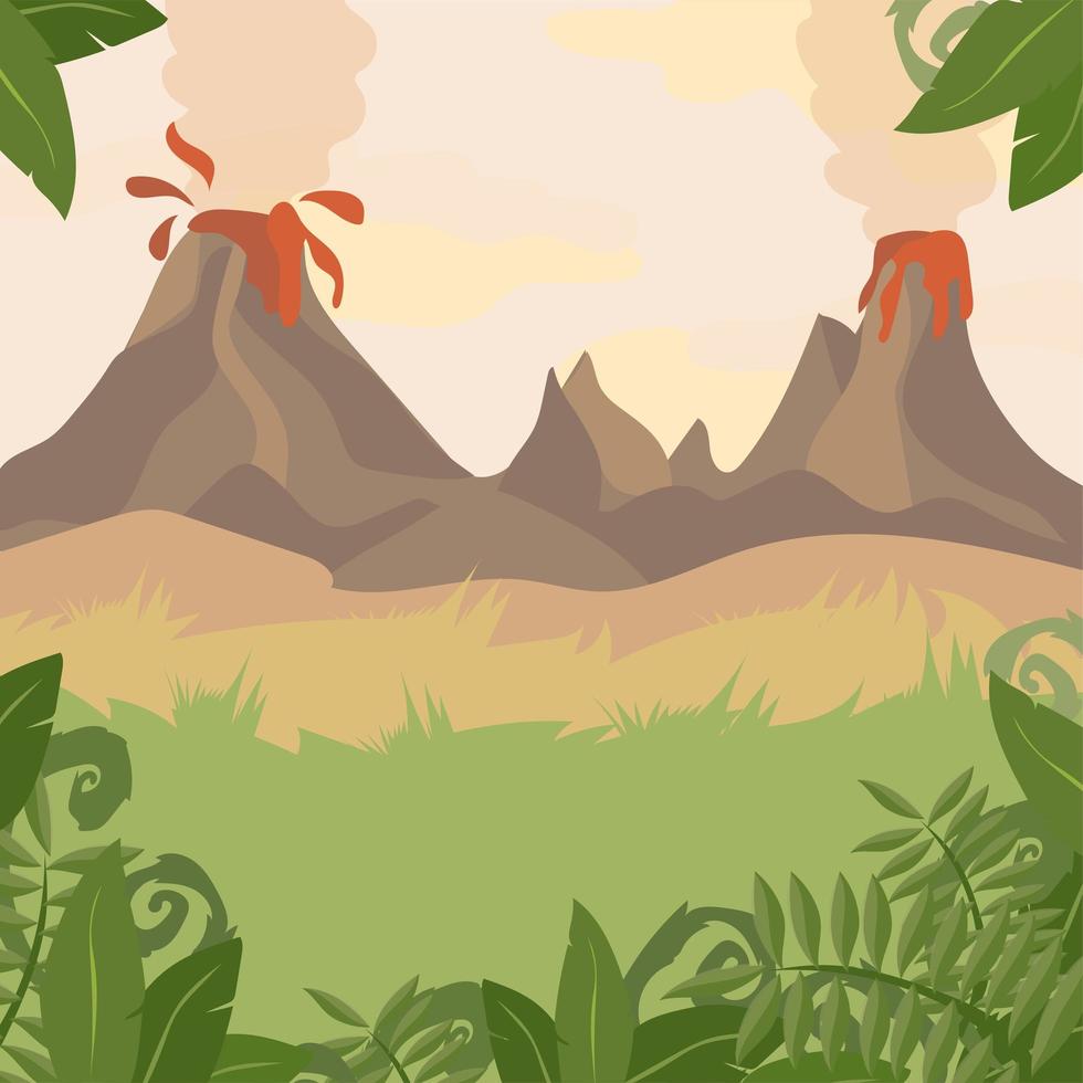 un paisaje forestal con volcanes y plantas de la jungla. vector