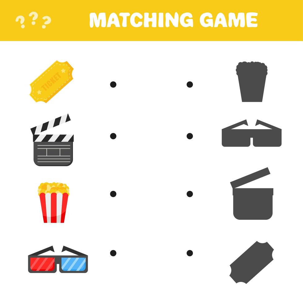 Matching game. Find the correct shadow of cinema and movie items vector