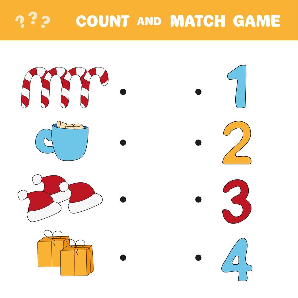 Count and match game. Count the amount of winter and Christmas items and match vector