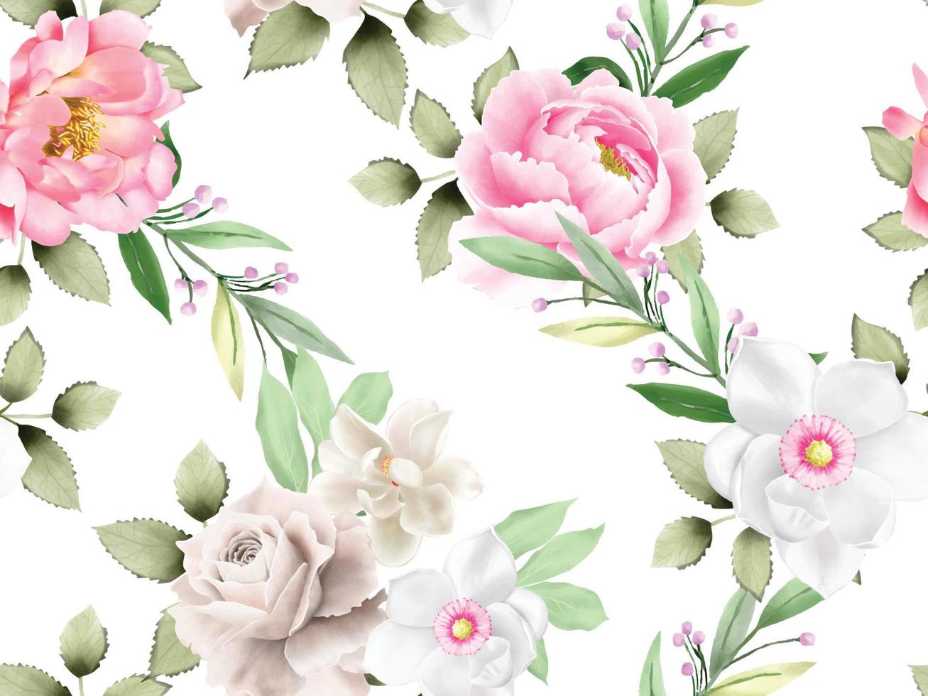 Elegant flower and leaves watercolor seamless pattern vector