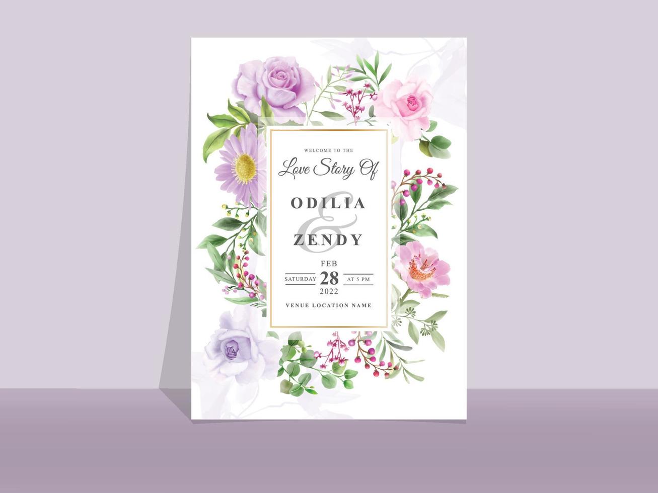 hermosa plantilla de invitación de boda rosa rosa y púrpura vector