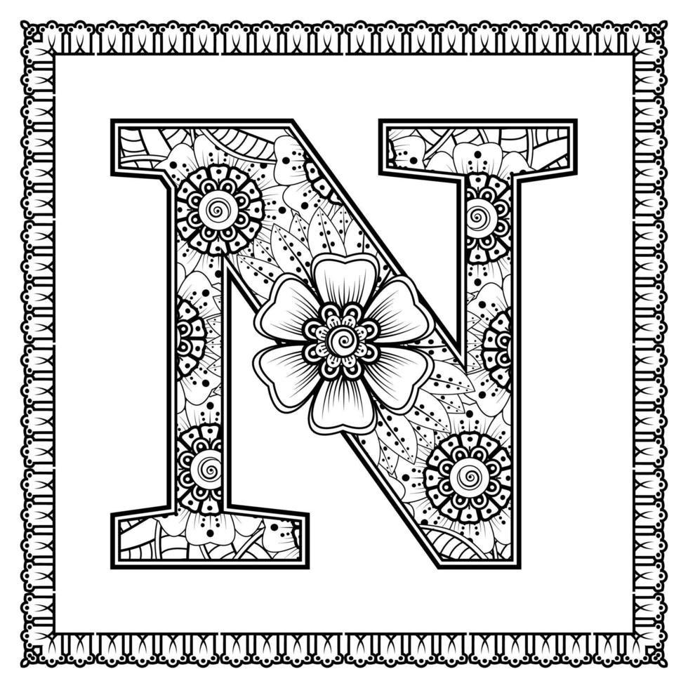 Letter N made of flowers in mehndi style. coloring book page. outline hand-draw vector illustration.