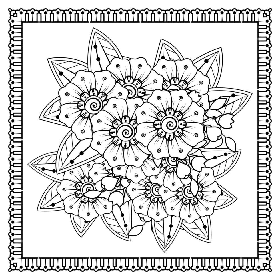 flor mehndi para henna, mehndi, tatuaje, decoración. adorno decorativo en estilo étnico oriental, adorno de doodle, dibujo a mano de contorno. página de libro para colorear. vector