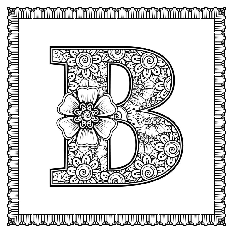 letra b hecha de flores en estilo mehndi. página de libro para colorear. Ilustración de vector de dibujo a mano de contorno.