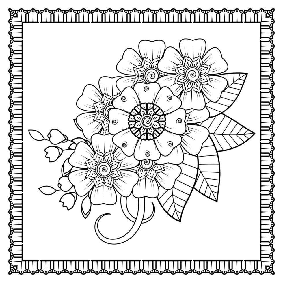 flor mehndi para henna, mehndi, tatuaje, decoración. adorno decorativo en estilo étnico oriental, adorno de doodle, dibujo a mano de contorno. página de libro para colorear. vector