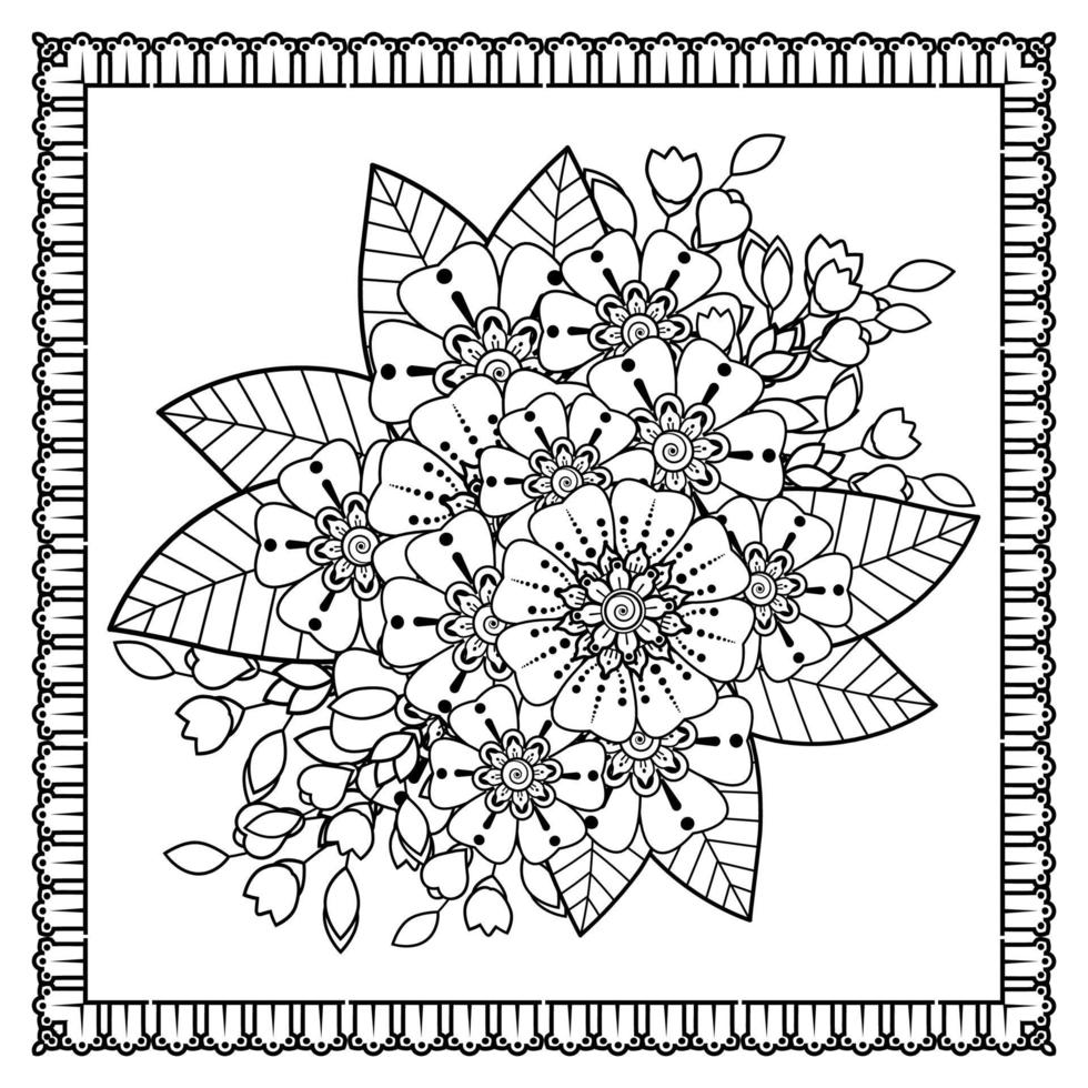 flor mehndi para henna, mehndi, tatuaje, decoración. adorno decorativo en estilo étnico oriental, adorno de doodle, dibujo a mano de contorno. página de libro para colorear. vector