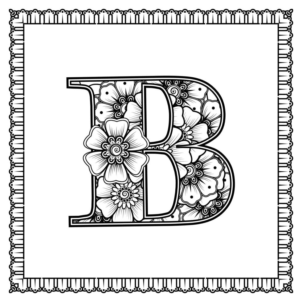 letra b hecha de flores en estilo mehndi. página de libro para colorear. Ilustración de vector de dibujo a mano de contorno.