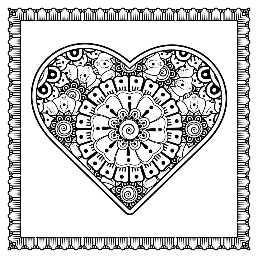 Mehndi flower with frame in shape of heart. decoration in ethnic oriental, doodle ornament. vector