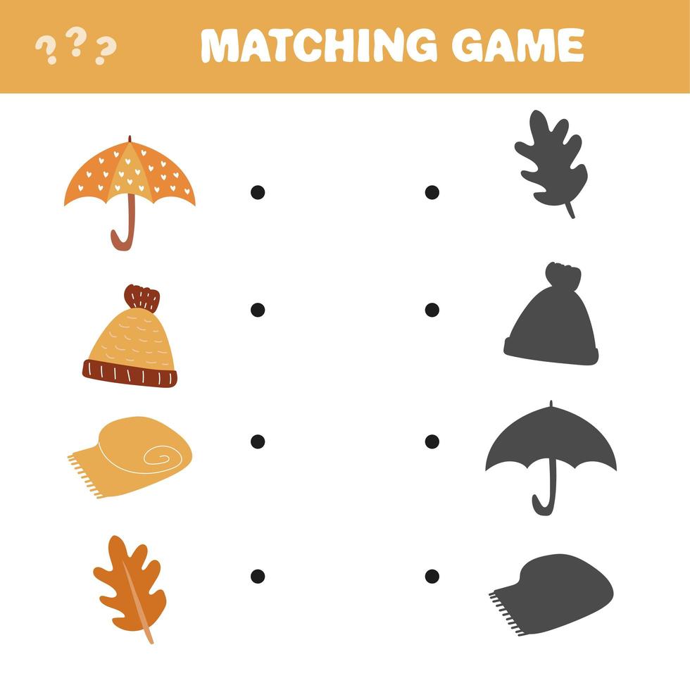 Matching game. Find the correct shadow of autumn items. Game for children vector