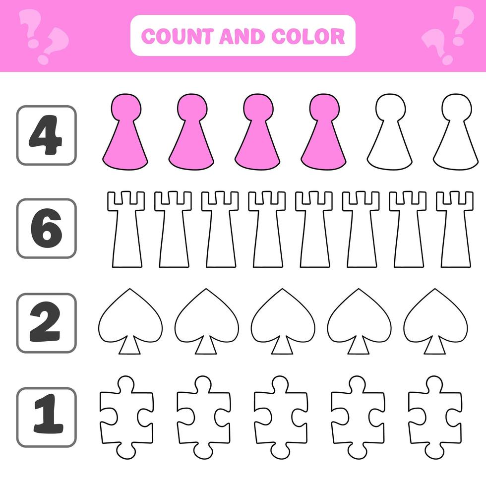 Count and color game for preschool children - items of board games. Worksheet vector