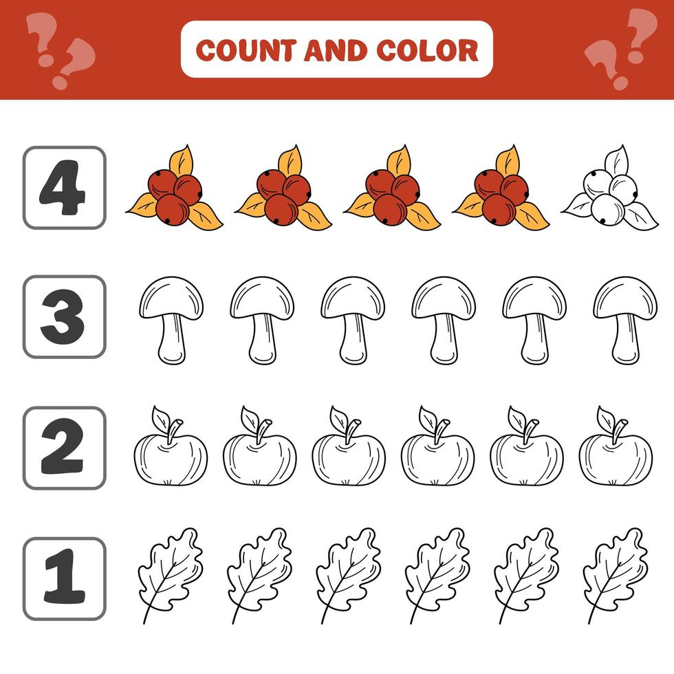 juego de contar y colorear para niños en edad preescolar: artículos de otoño. hoja de cálculo vector