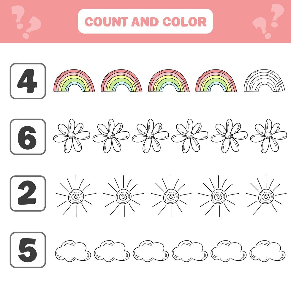 Count and color game for preschool children - summer items. Worksheet for kids vector