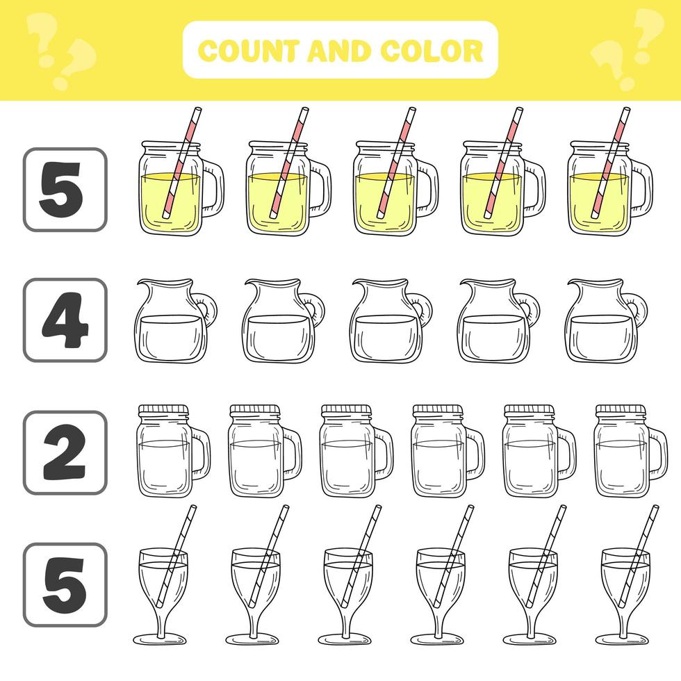 Count and color game for preschool children - lemonade jar. Worksheet vector