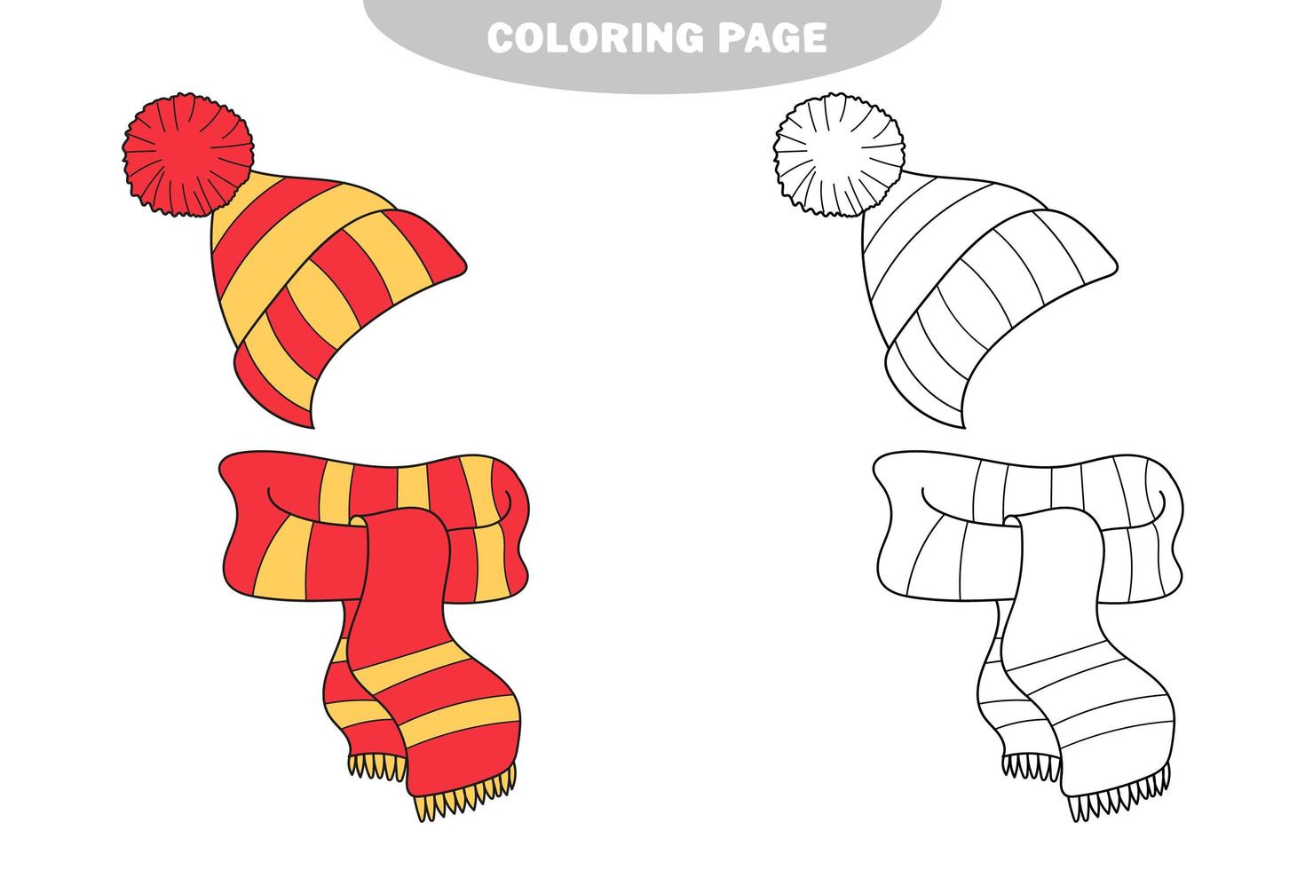 simple página para colorear. juego educativo. bufanda y gorro de invierno cálido vector